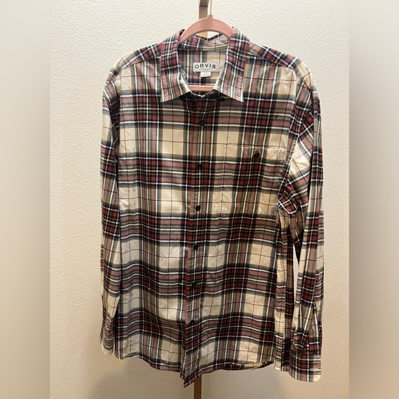 Orvis Casual Buttoned Down Shirt Cream Red Blue Plaid Size L - Picture 1 of 5
